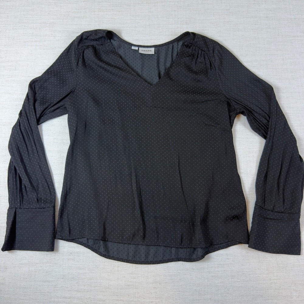 AWARE Vero Moda Womens Black Jacquard Polka Dot V Neck Blouse Long Sleeve